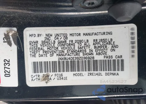 2009 Toyota Corolla Xle from USA, damaged, VIN 1NXBU40E39Z036928